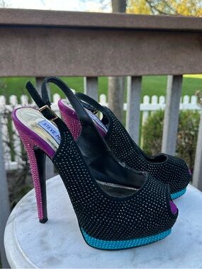 Stiletto Rhinestone Platform Steve Madden Heels with Pink & Teal Accents